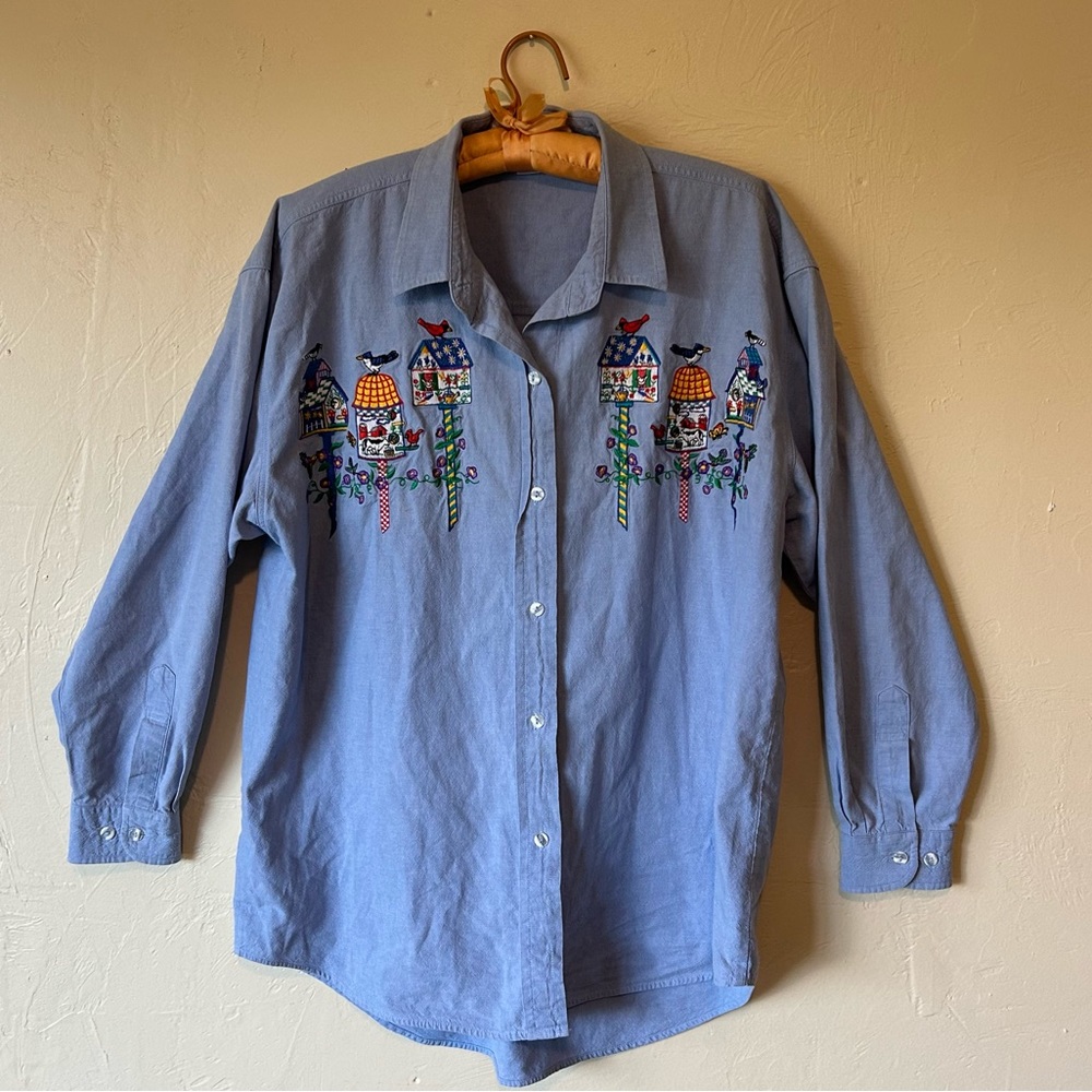 Grandmacore cottagecore embroidered birdhouse long sleeve button up denim shirt